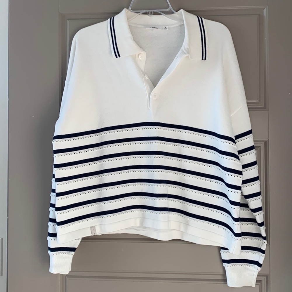 The Upside White and Navy Striped Polo Sweater